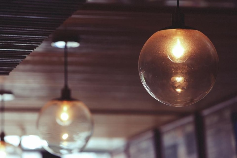 Pendant lights glowing indoors