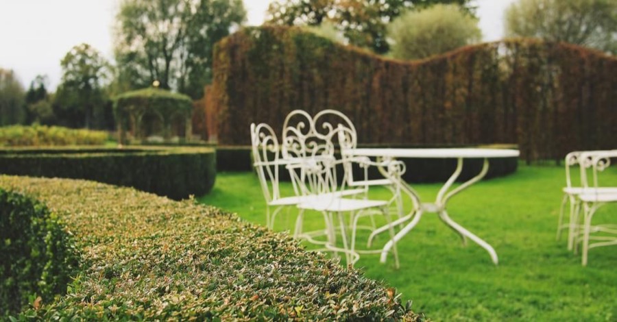 Garden furniture on a trimmed lawn